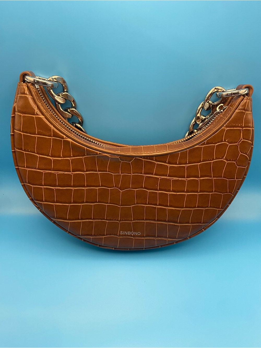 Sinbono Croc-Embossed Crescent Shoulder Bag in Brown